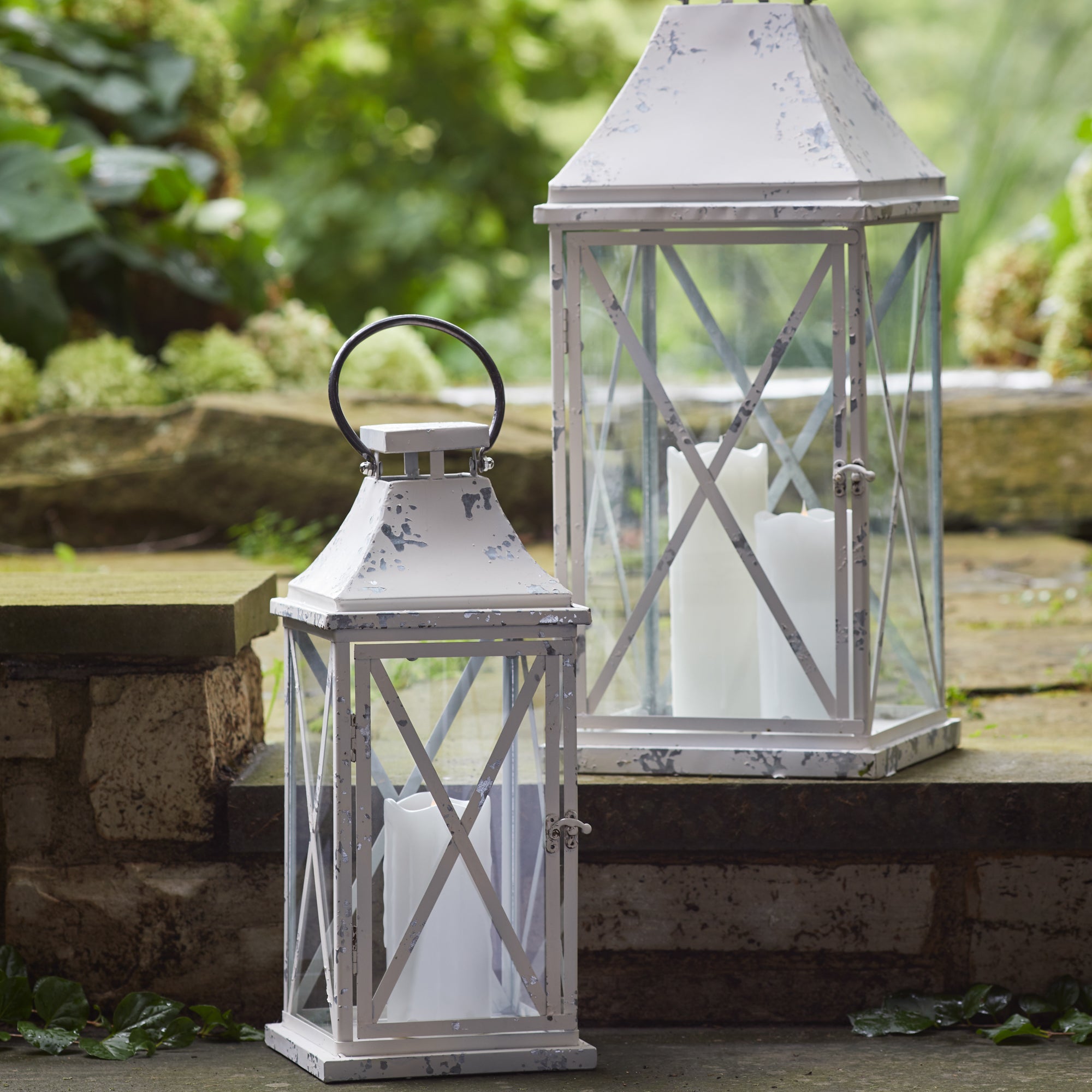 Set Of Two White Flameless Floor Lantern Candle Holder