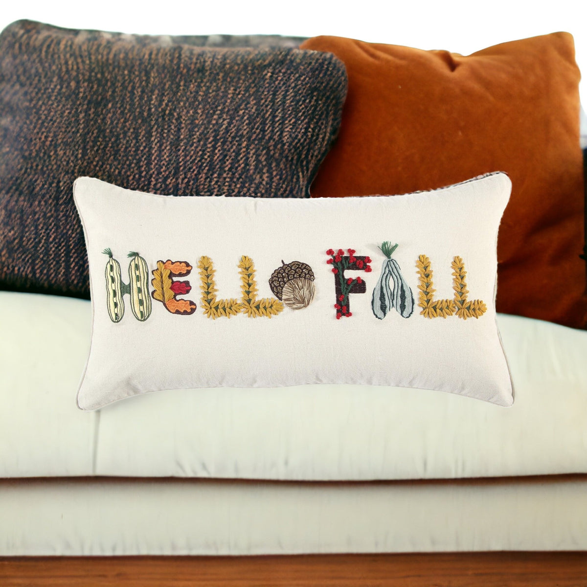 14" X 14" Yellow and White Thanksgiving Cotton Pillow With Embroidery Edges