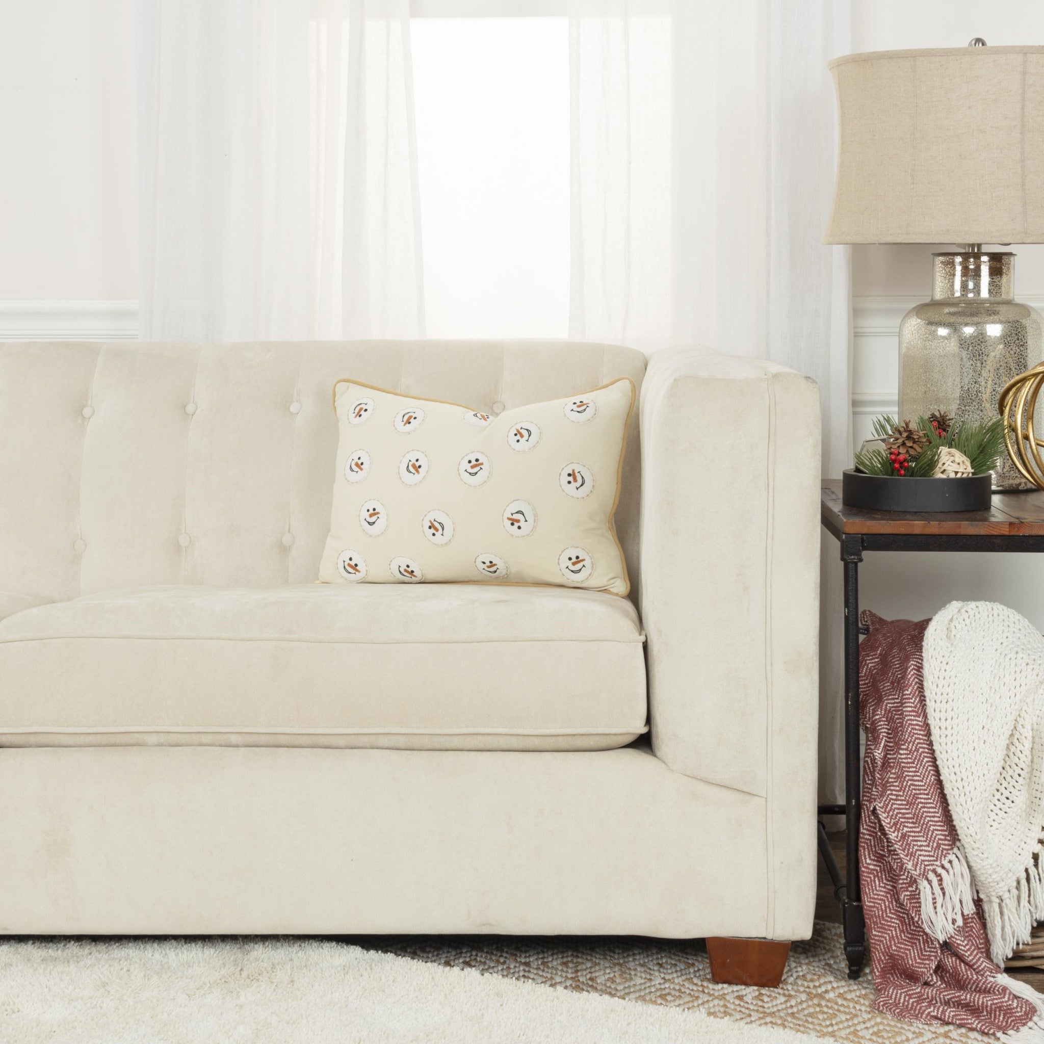 14" X 20" Beige and White Christmas Cotton Pillow With Applique, Embroidery Edges