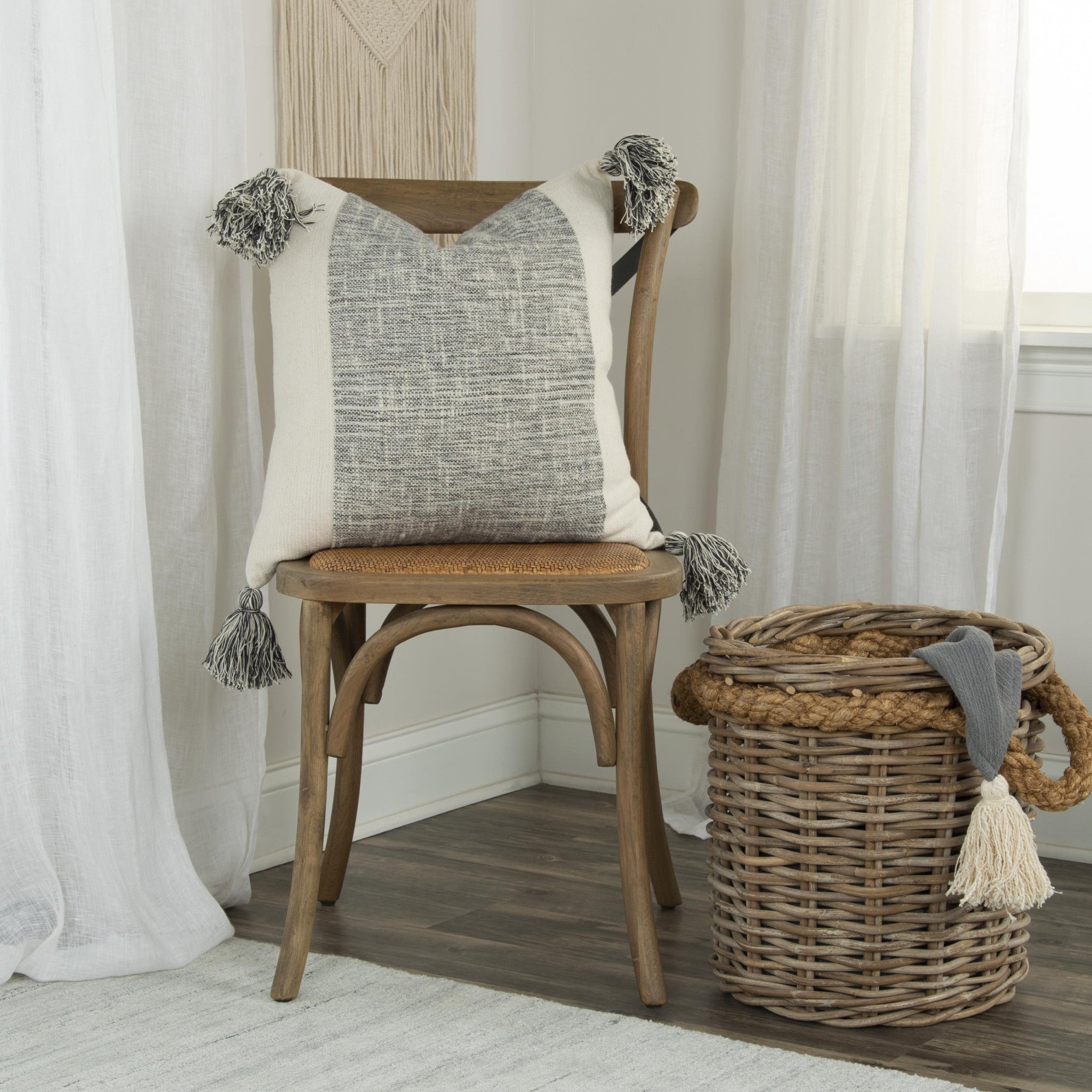 20" Gray and Ivory Cotton Pillow With Tassels Edges