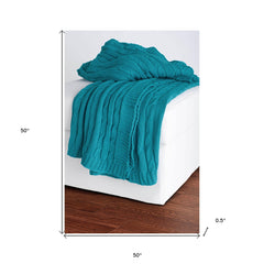 Teal Blue Knitted 100% Cotton Throw Blanket