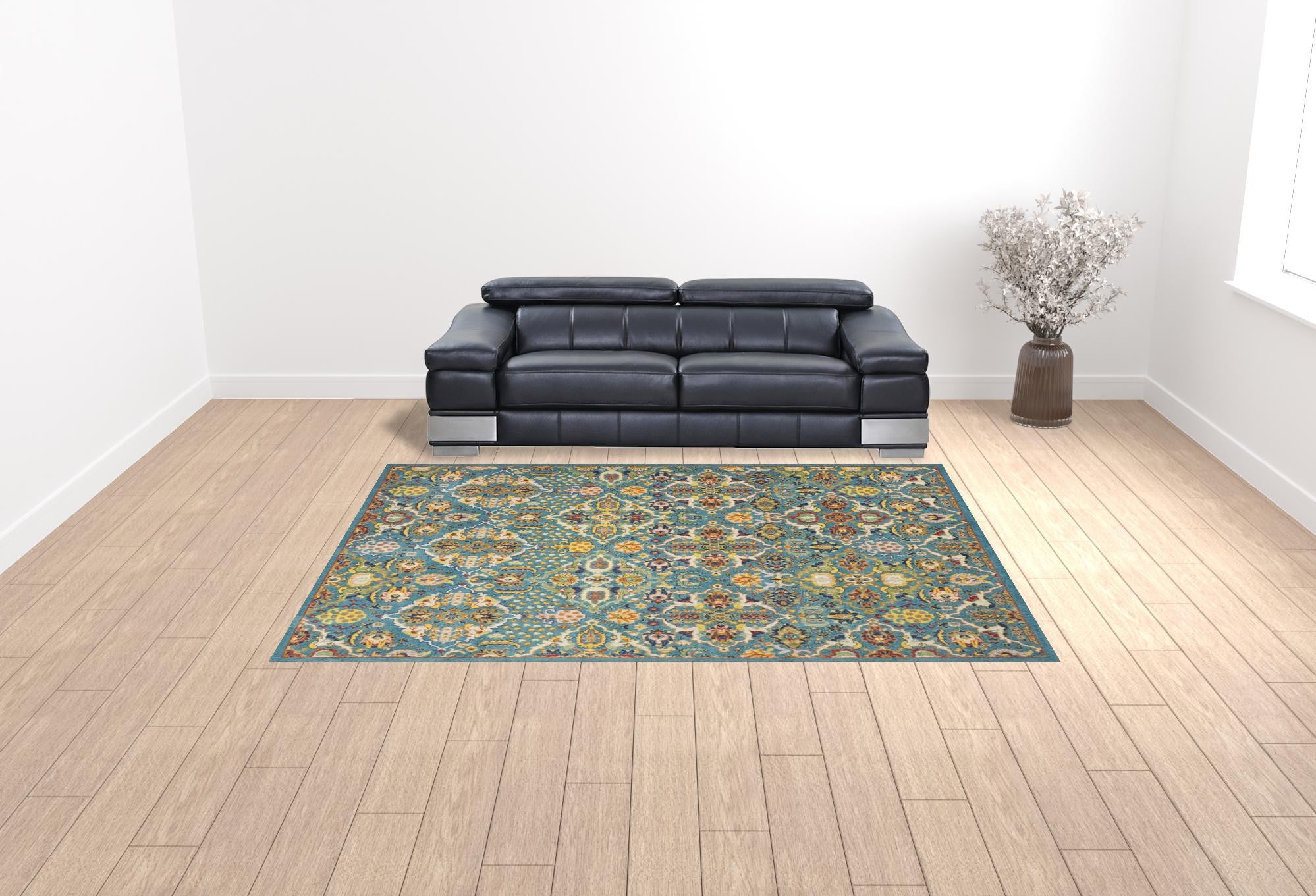 9' x 12' Teal and Gold Floral Power Loom Area Rug