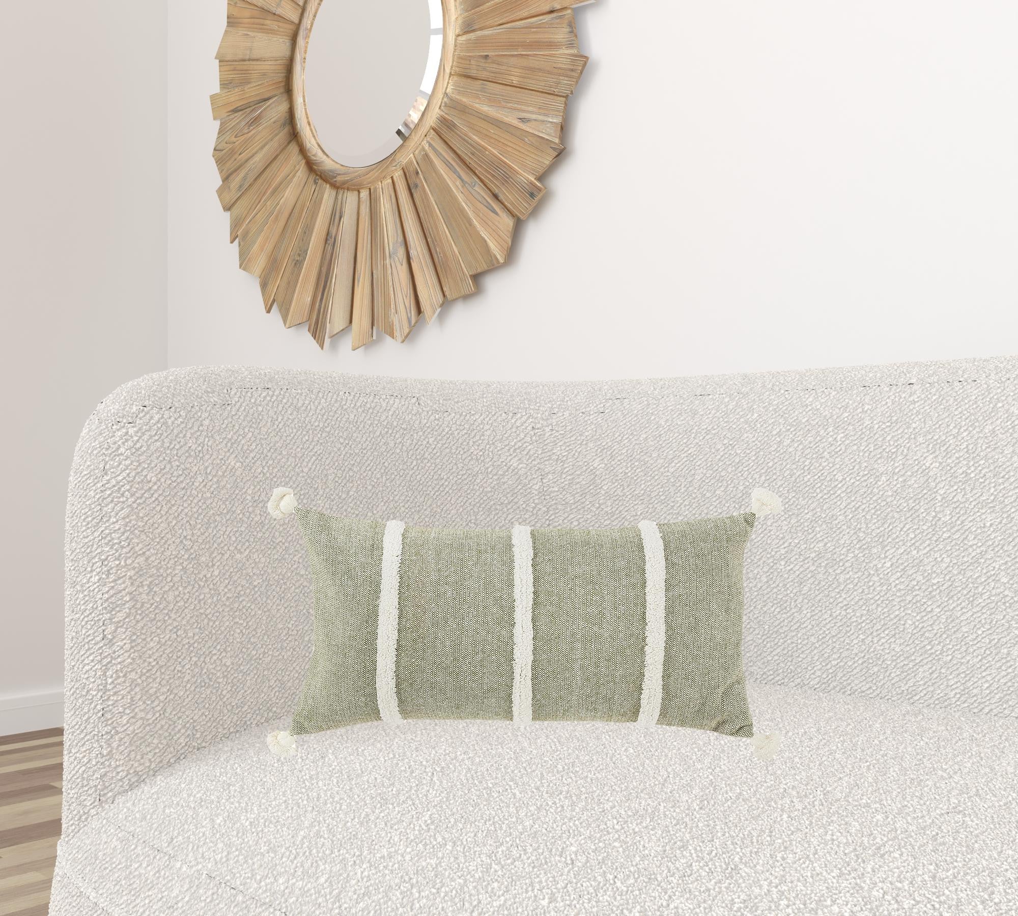 14" X 14" Green and White Cotton Pillow With Tassels Edges