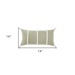 14" X 14" Green and White Cotton Pillow With Tassels Edges