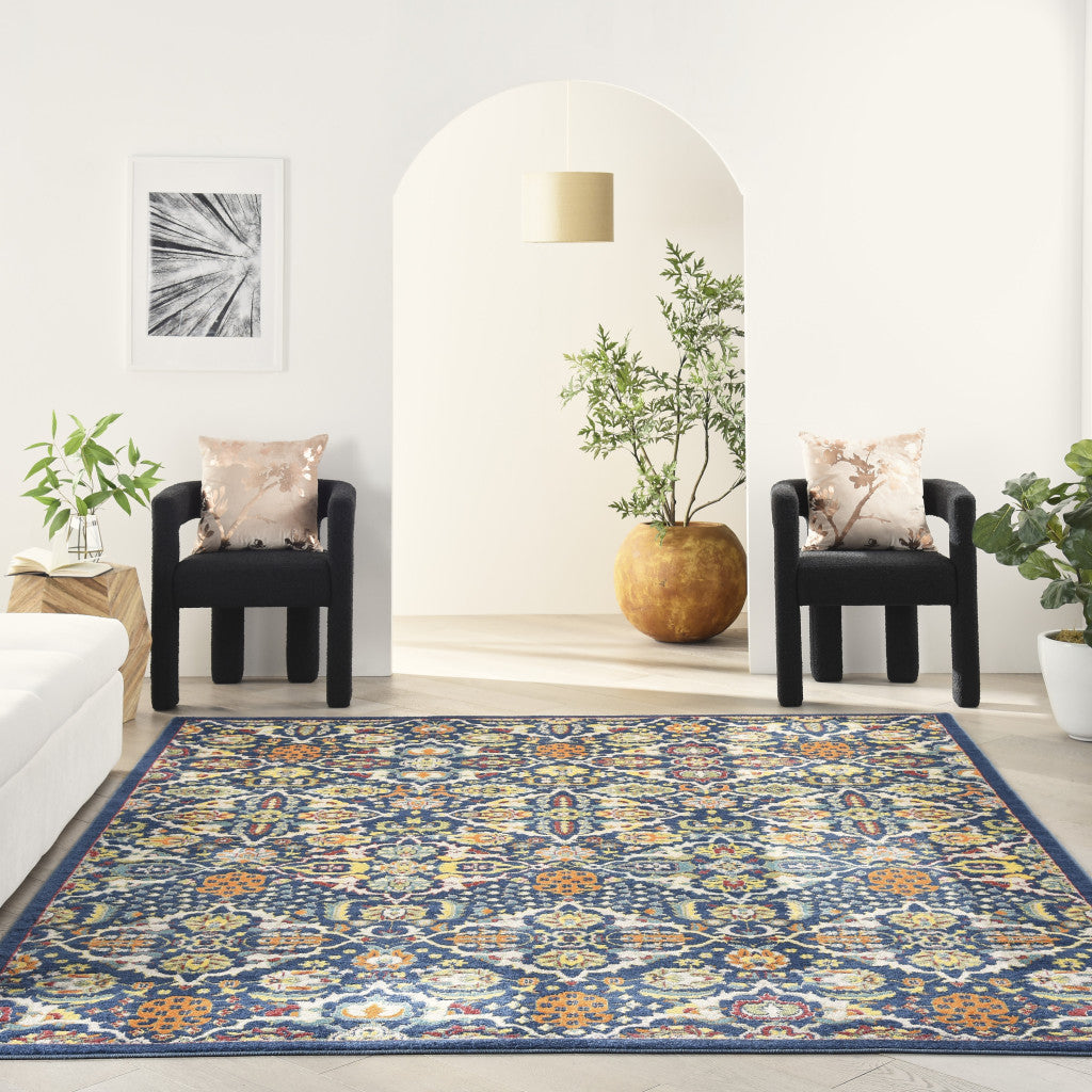 9' x 12' Blue and Yellow Floral Power Loom Area Rug