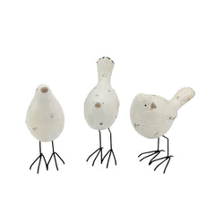 Set of Three White and Black Polyresin and Metal Bird Sculptures