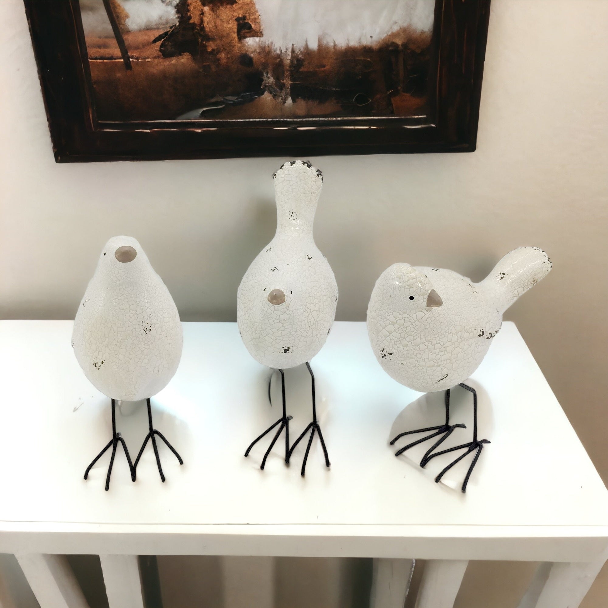 Set of Three White and Black Polyresin and Metal Bird Sculptures