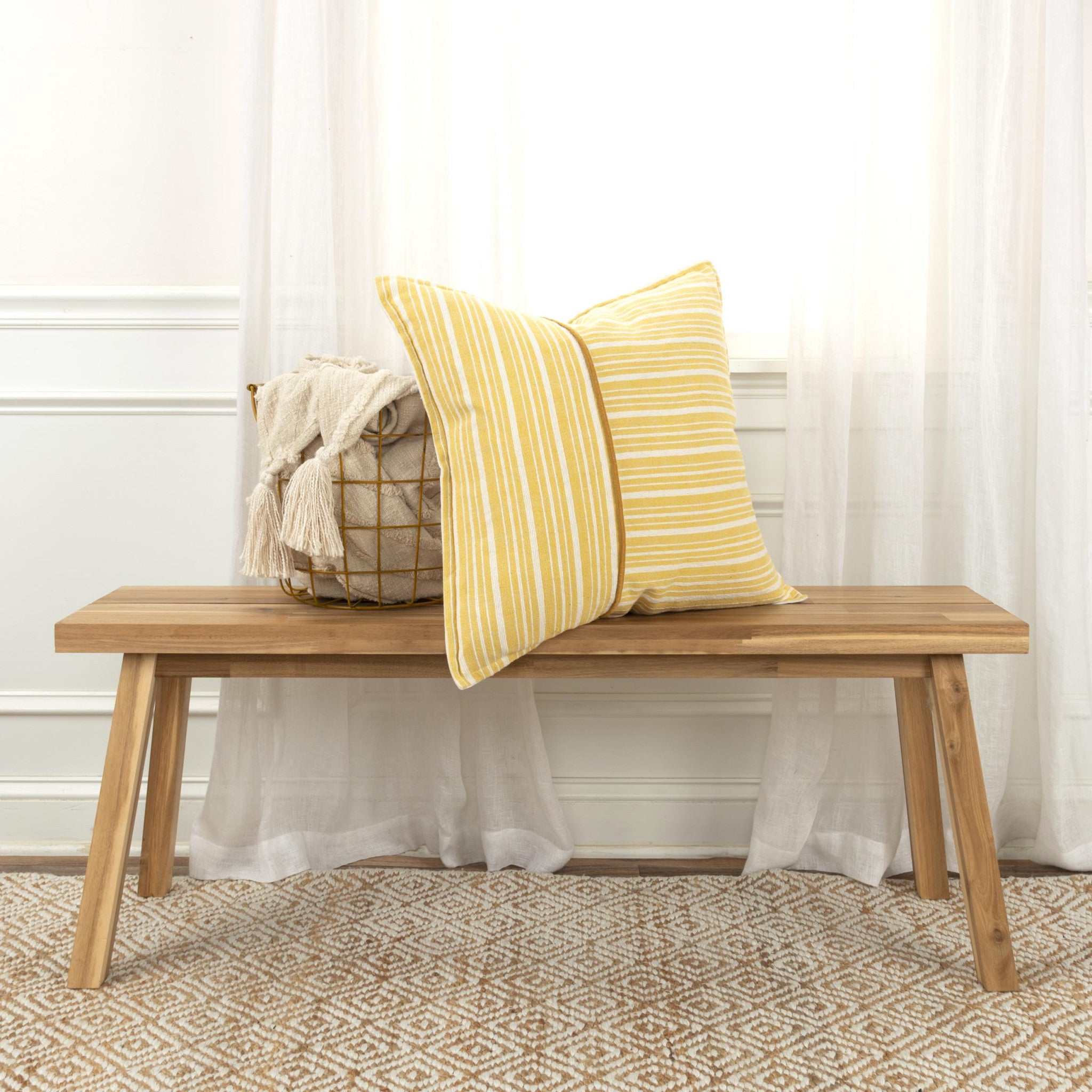 20" Yellow and White Cotton Pillow With Embroidery Edges
