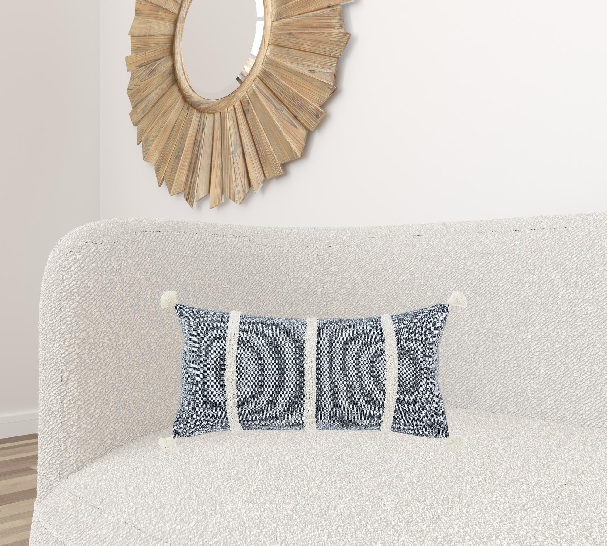 14" X 14" Blue and White Cotton Pillow With Tassels Edges
