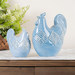 Set Of Two 8" Blue Ceramic Rooster Bird Figurine