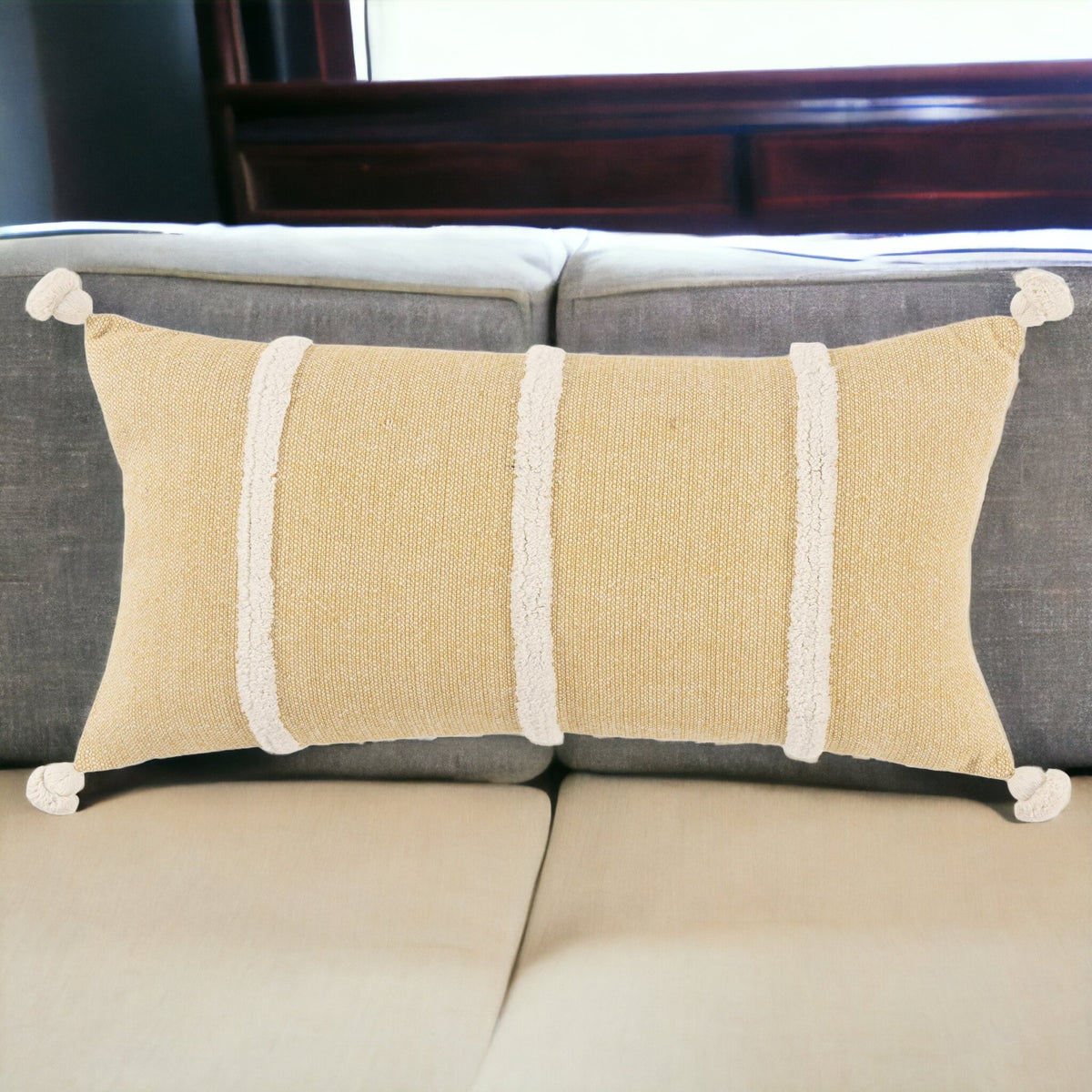 14" X 14" Yellow and White Cotton Pillow With Tassels Edges