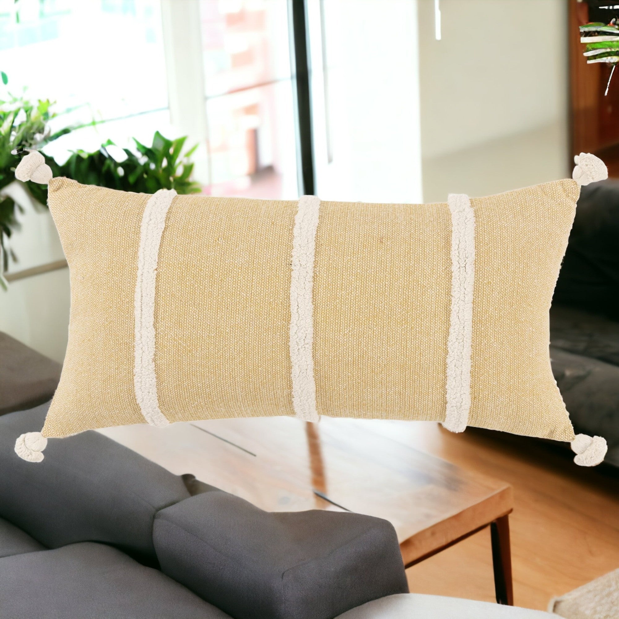 14" X 14" Yellow and White Cotton Pillow With Tassels Edges