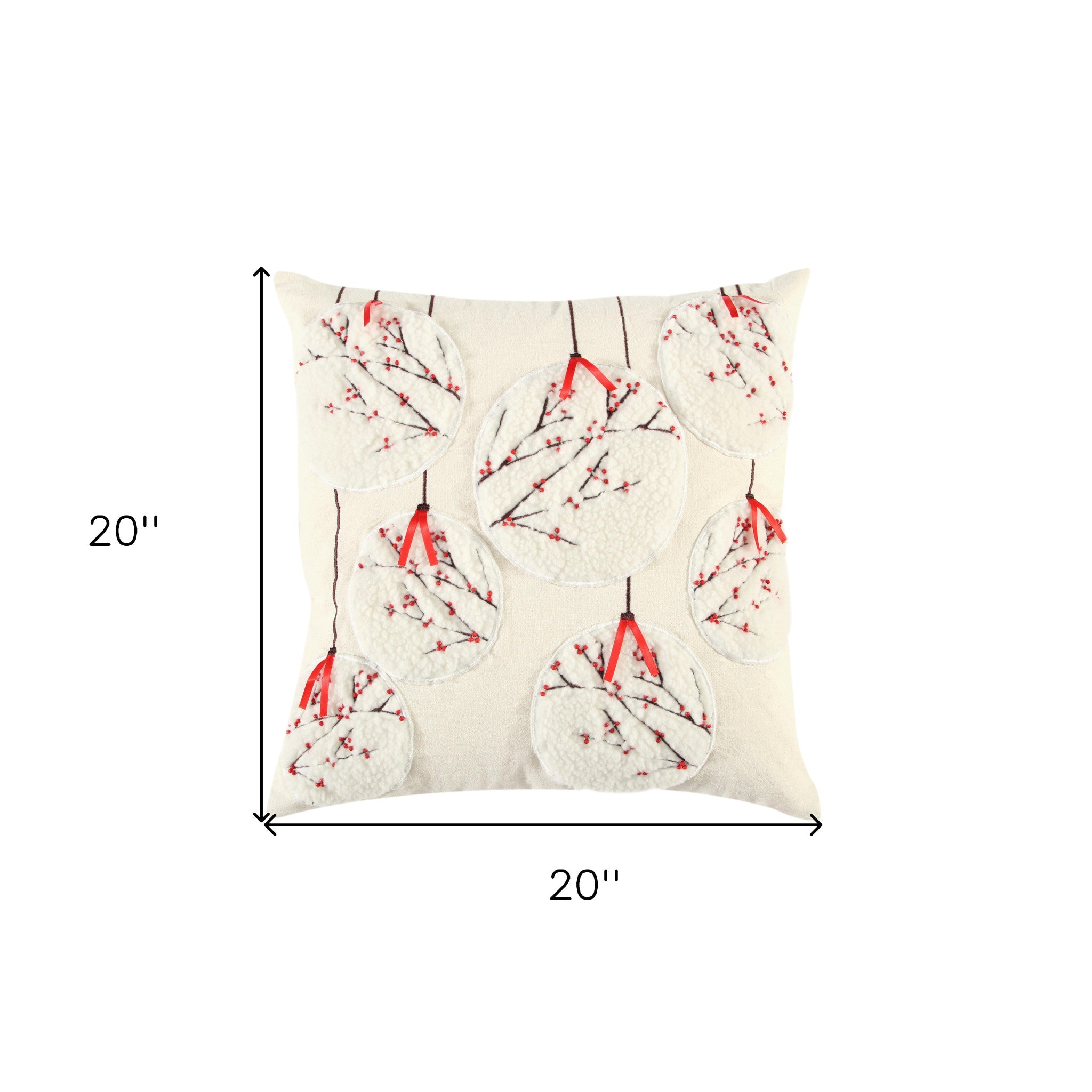 20" Red and Ivory Christmas Cotton Pillow With Applique, Embroidery, Beads Edges