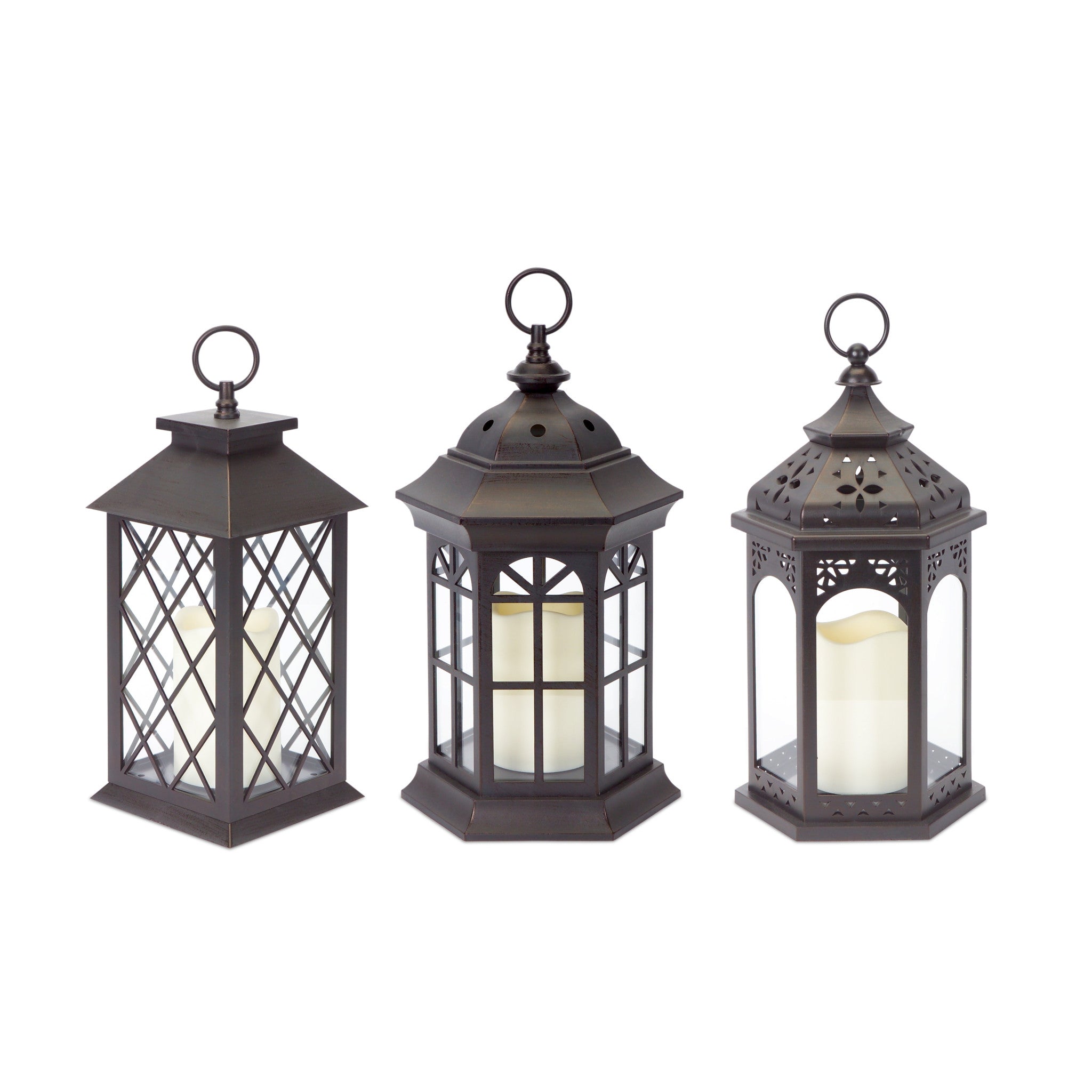 Set Of Three Brown LED Floor Lantern Candle Holder