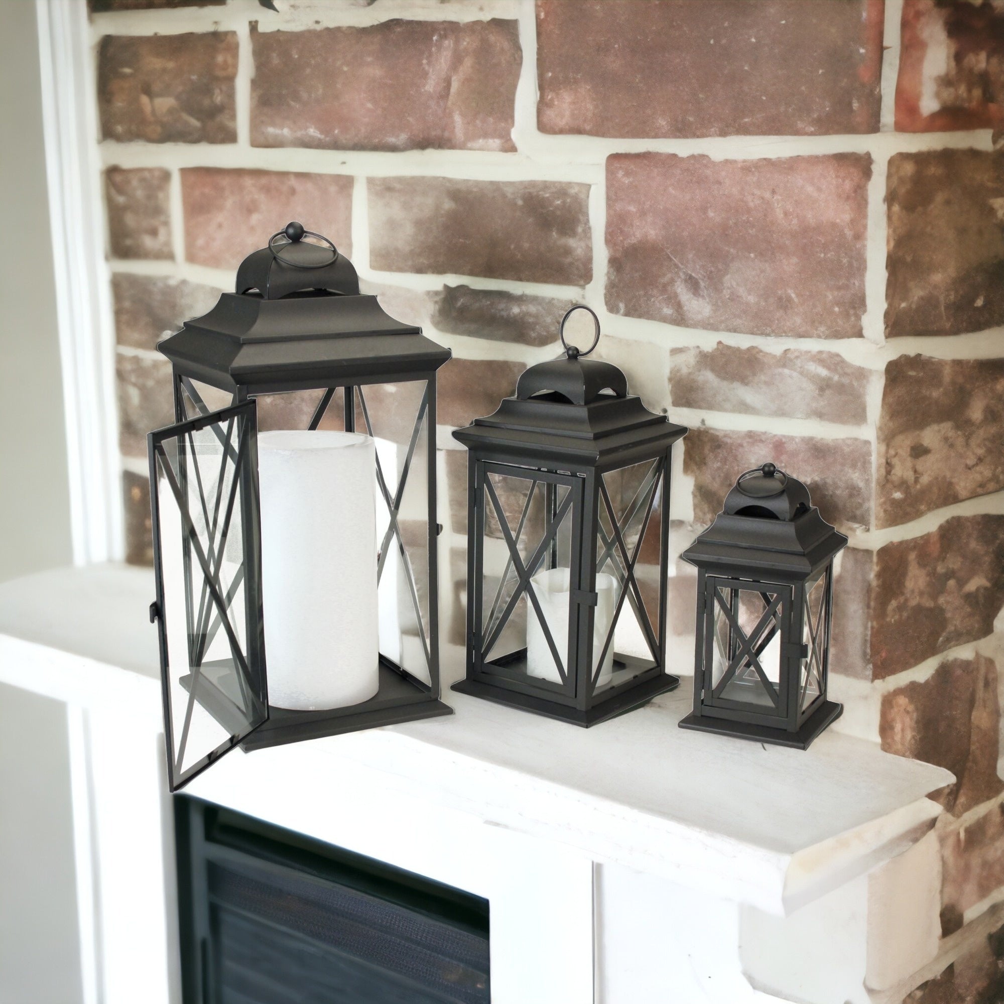 Set Of Three Black Flameless Floor Lantern Candle Holder