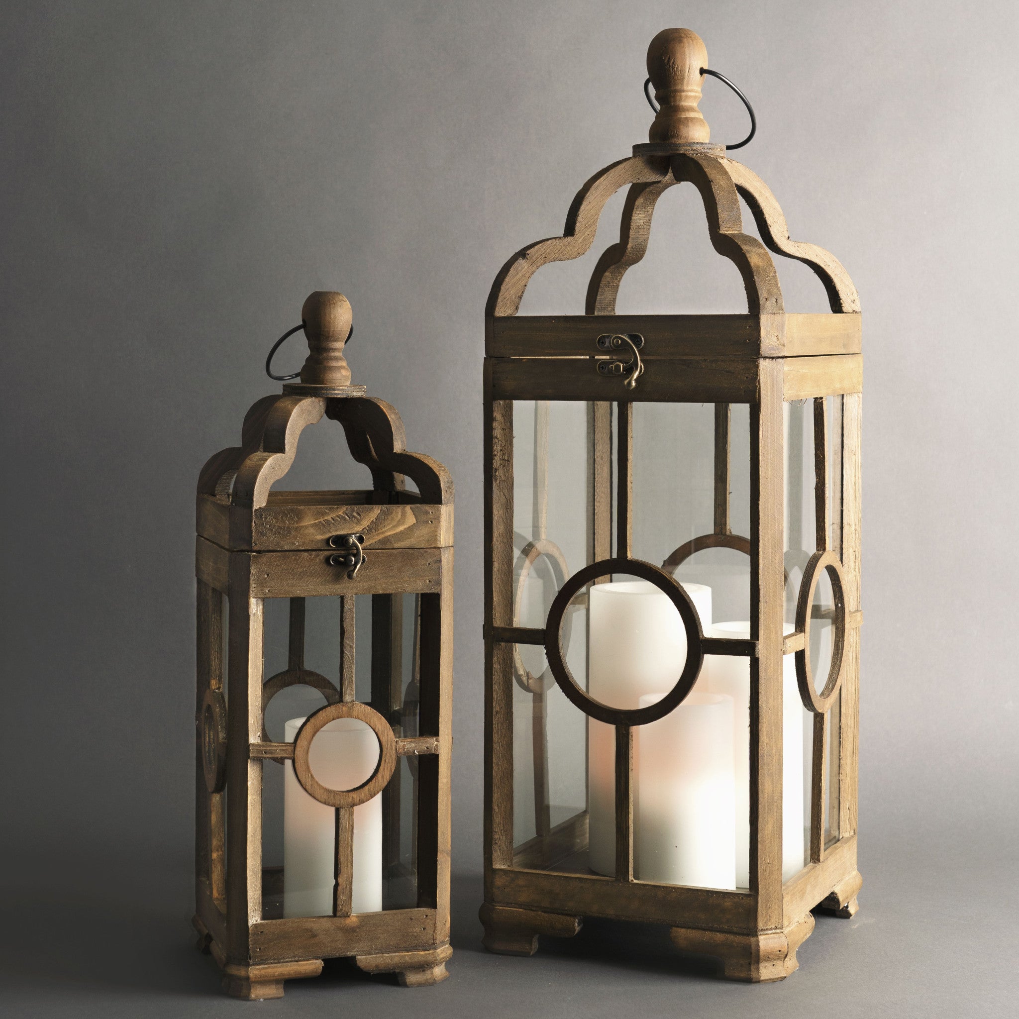 Set of Two Brown Solid Wood Ornate Tabletop Lantern Candle Holders
