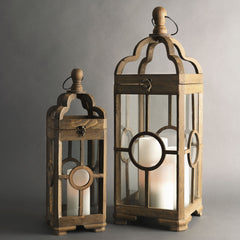 Set of Two Brown Solid Wood Ornate Tabletop Lantern Candle Holders