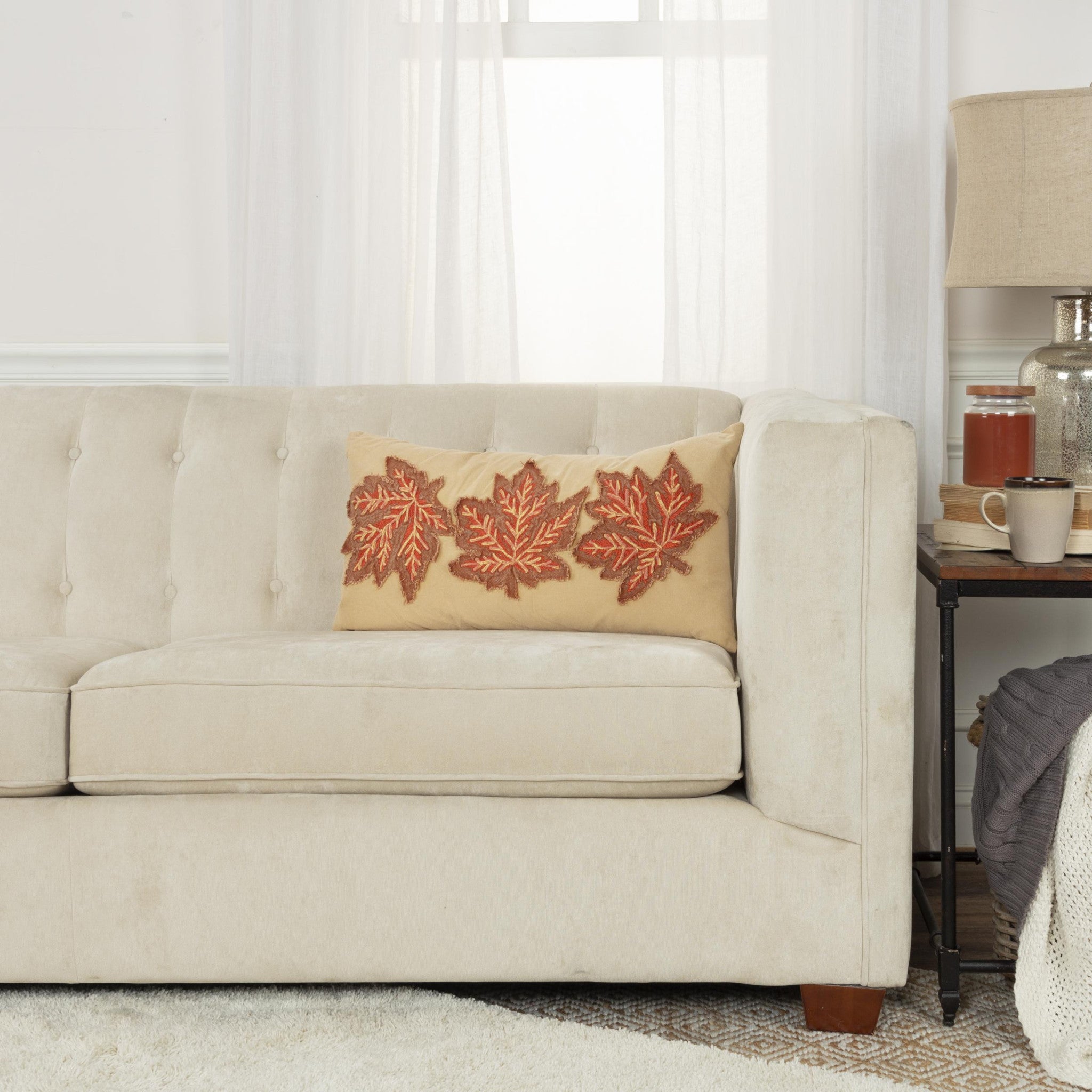 14" X 14" Beige and Brown Thanksgiving Cotton Pillow With Applique, Embroidery Edges