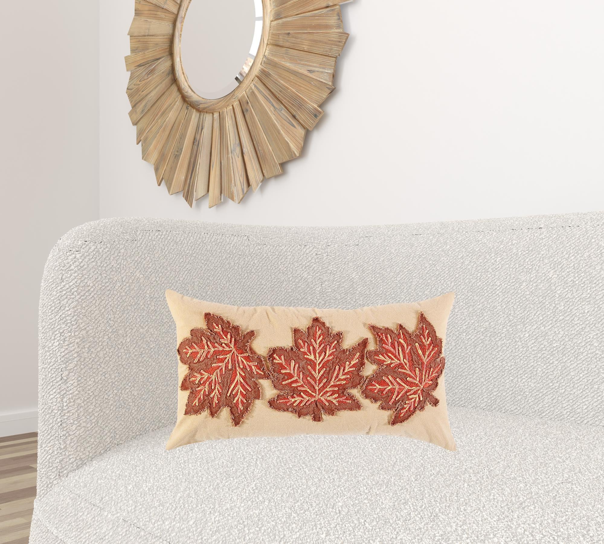 14" X 14" Beige and Brown Thanksgiving Cotton Pillow With Applique, Embroidery Edges