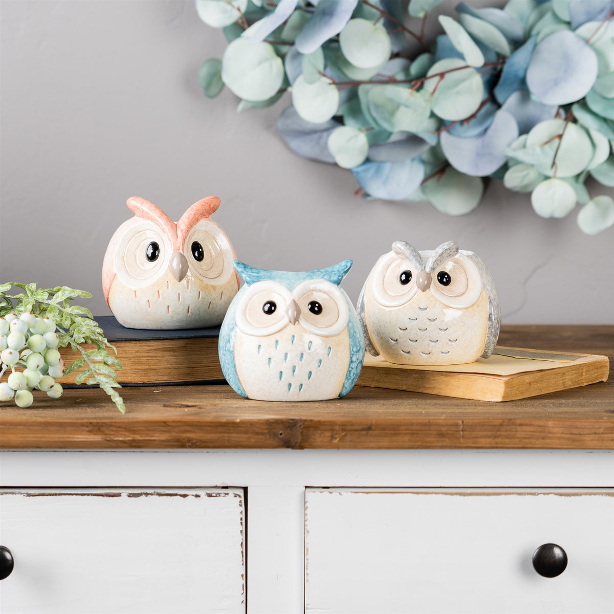 Set Of Three 4" Blue and Gray Resin Owl Figurine