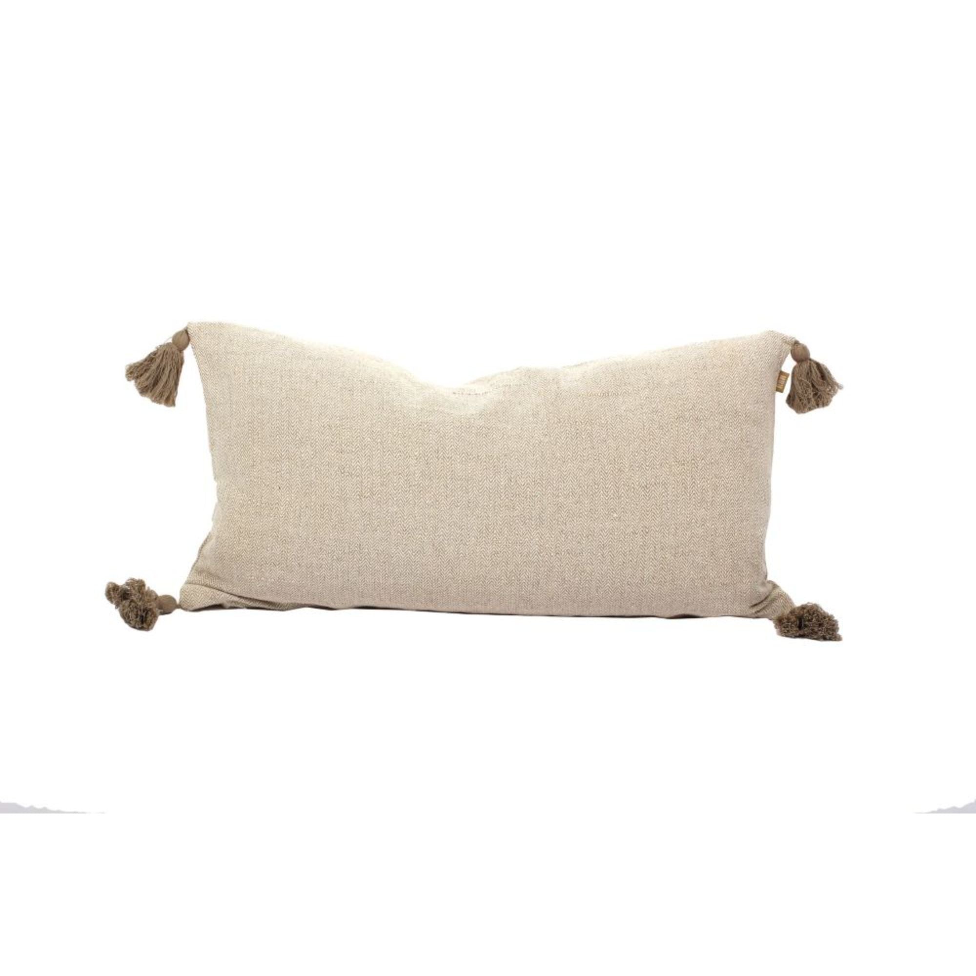 Set Of Two 12" x 24" Taupe 100% Cotton Herringbone Pillows With Tassels