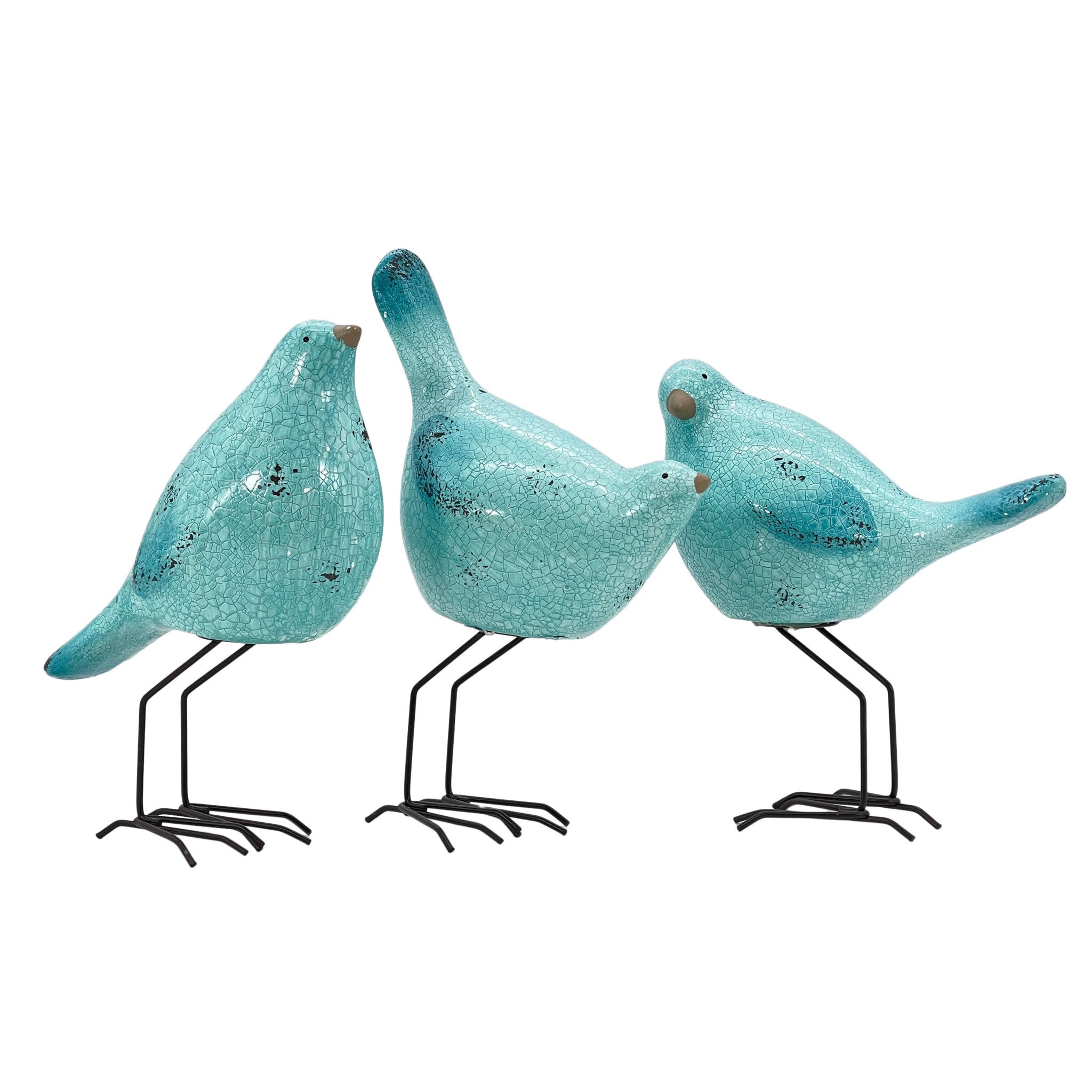 Set of Three Robins Egg Blue Polyresin and Metal Bird Sculptures