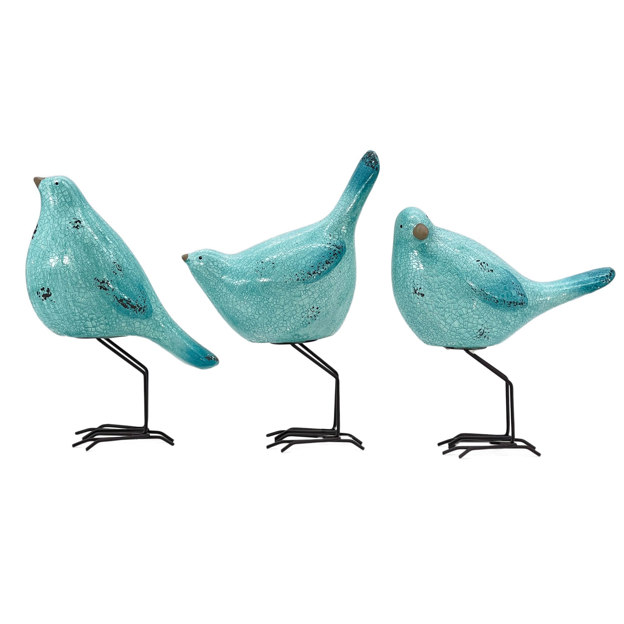 Set of Three Robins Egg Blue Polyresin and Metal Bird Sculptures