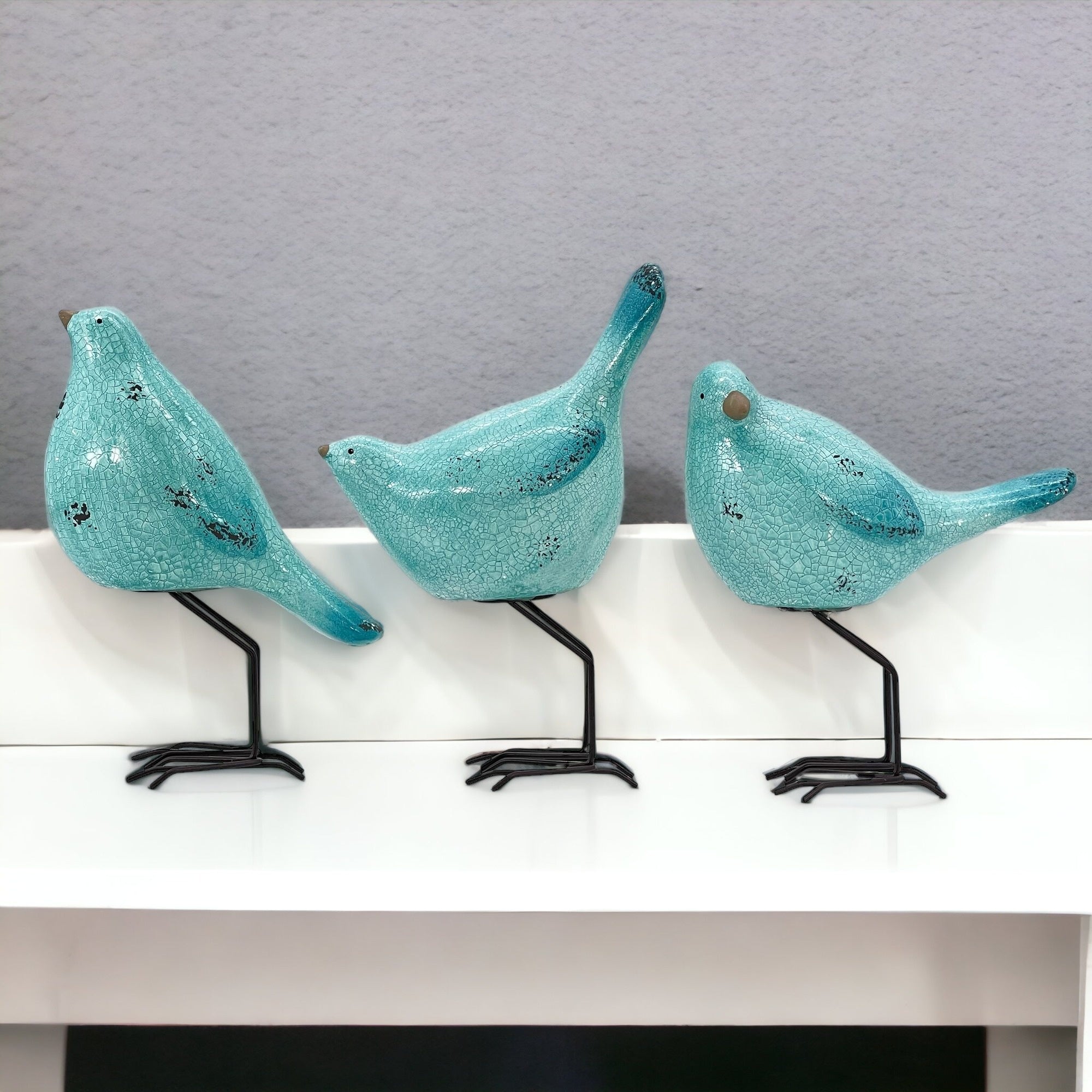 Set of Three Robins Egg Blue Polyresin and Metal Bird Sculptures