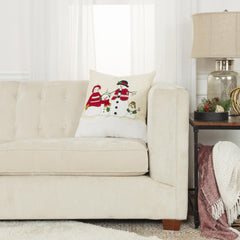 20" Red and Ivory Christmas Cotton Pillow With Applique, Embroidery, Pom Poms Edges