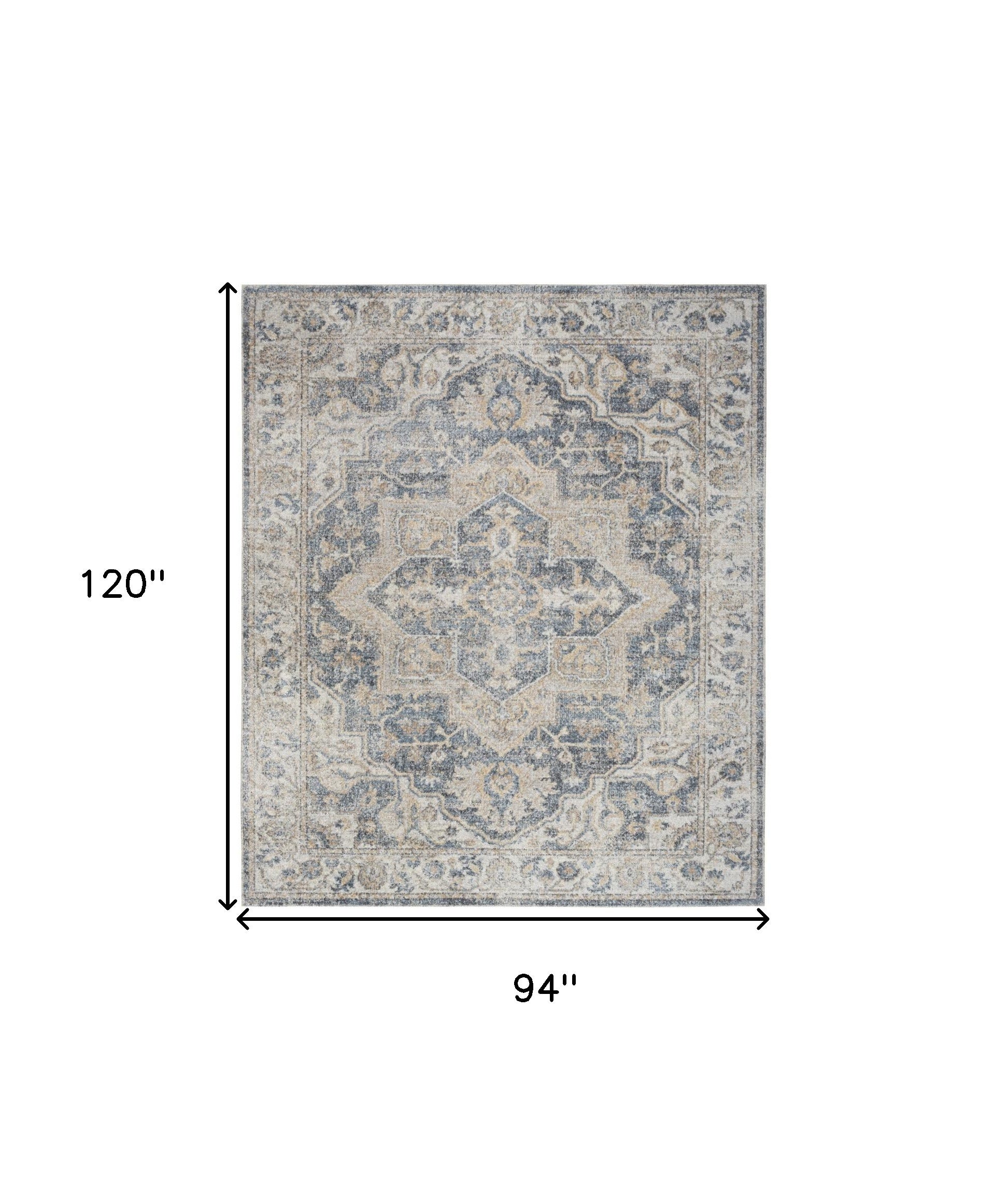 8' x 10' Gray and Blue Oriental Power Loom Washable Area Rug