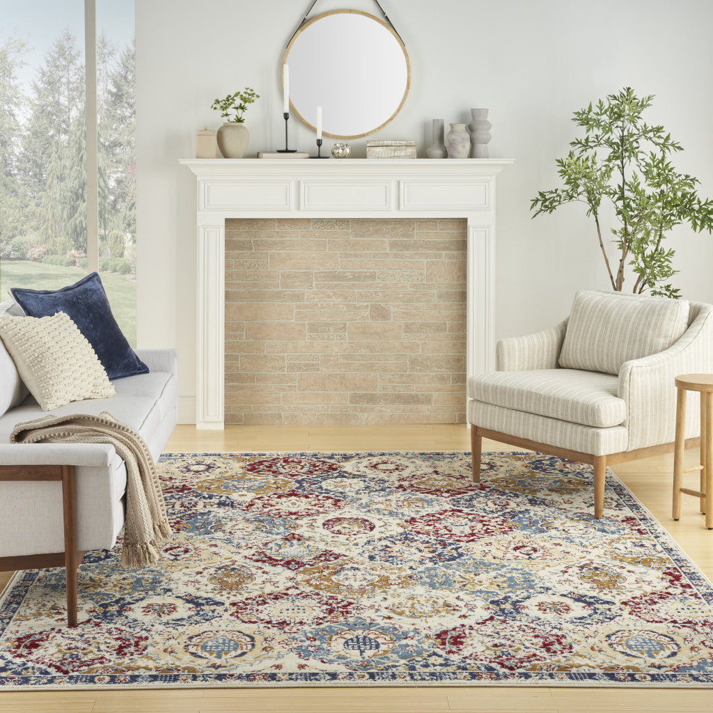 8' x 10' Navy Blue Damask Power Loom Distressed Area Rug