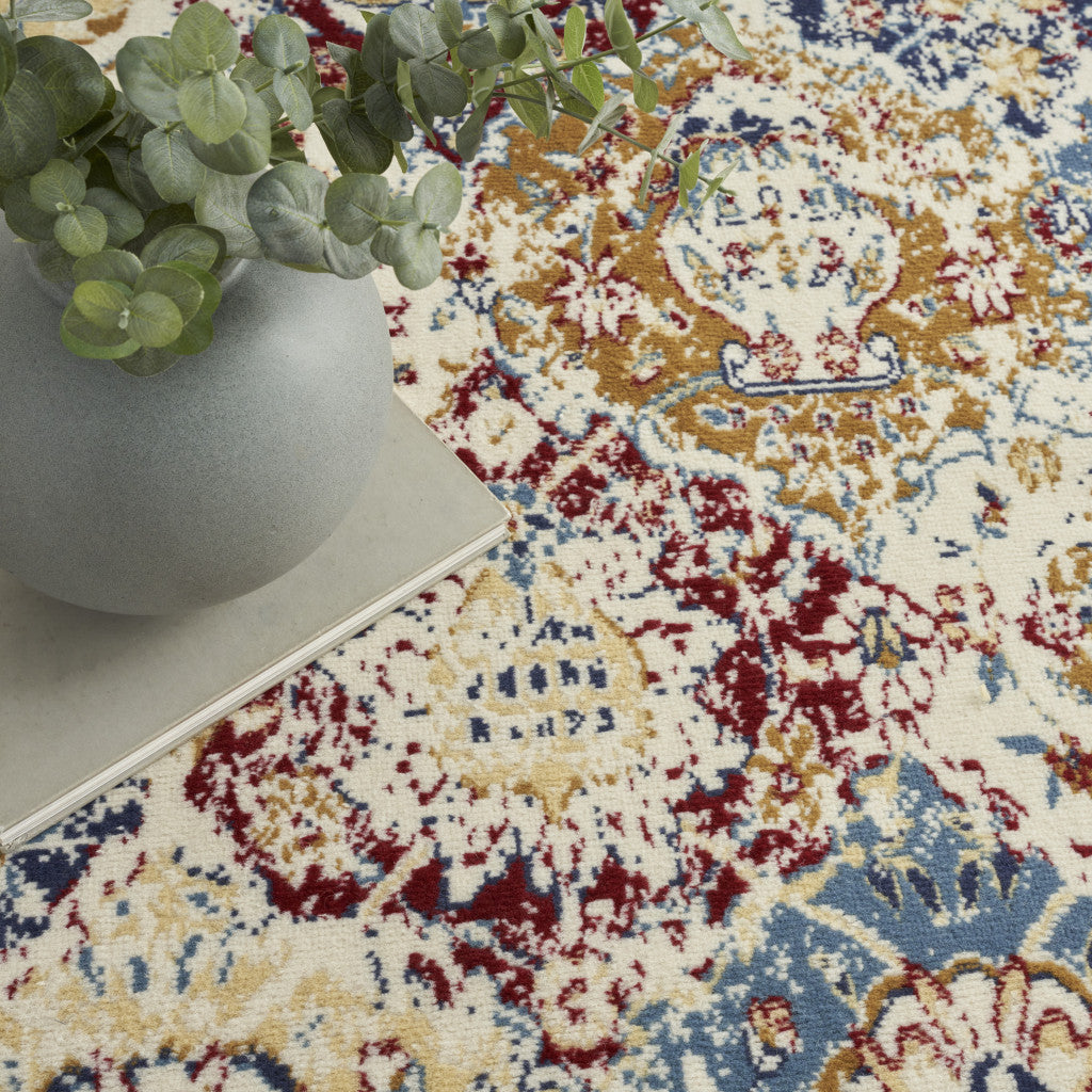 8' x 10' Navy Blue Damask Power Loom Distressed Area Rug