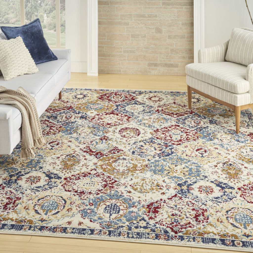 8' x 10' Navy Blue Damask Power Loom Distressed Area Rug