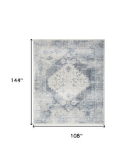 9' x 12' Blue and Ivory Oriental Power Loom Distressed Area Rug