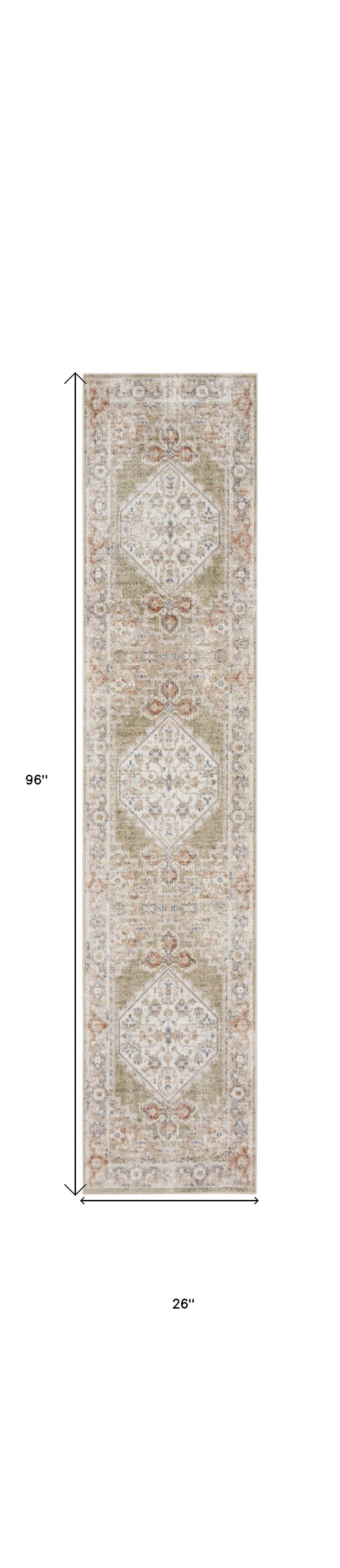 8' Sage Oriental Power Loom Distressed Washable Runner Rug