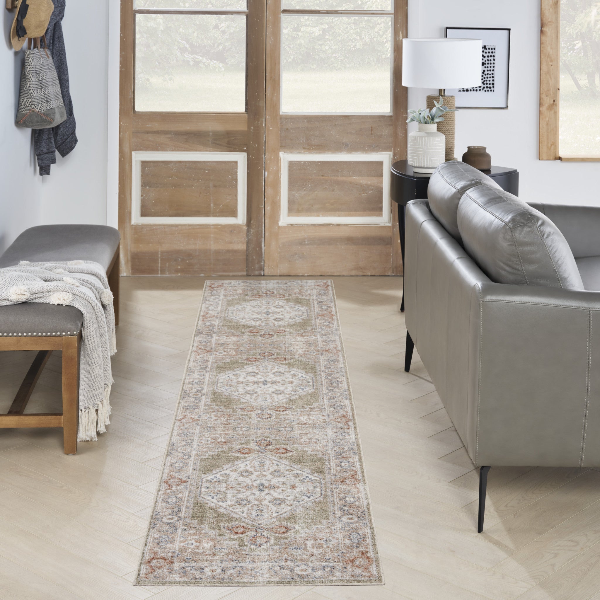 8' Sage Oriental Power Loom Distressed Washable Runner Rug