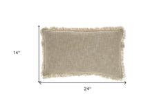 24" X 14" Taupe Linen Cotton Zippered Pillow With Fringe