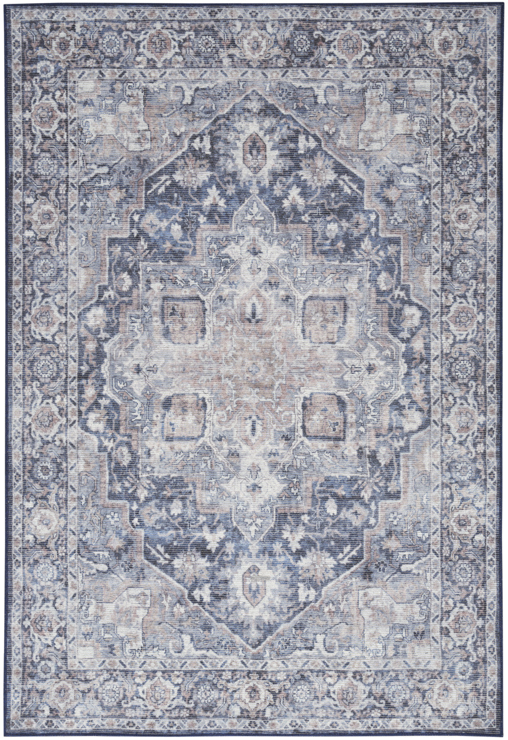 5' X 7' Blue And Pink Floral Power Loom Distressed Washable Area Rug