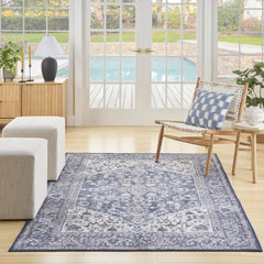 8' x 10' Gray Ivory and Blue Floral Distressed Washable Area Rug