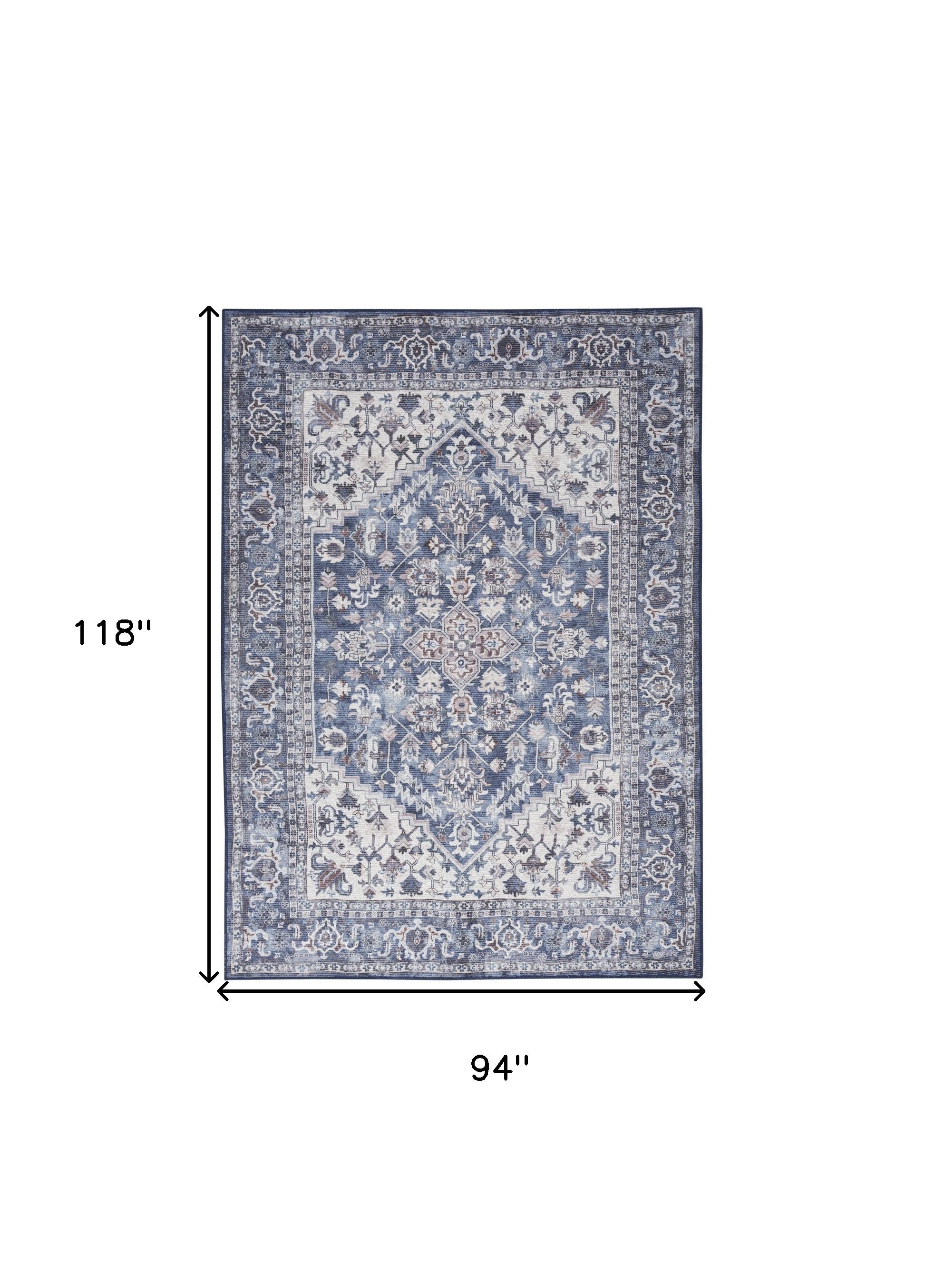 8' x 10' Gray Ivory and Blue Floral Distressed Washable Area Rug