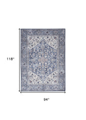8' x 10' Gray Ivory and Blue Floral Distressed Washable Area Rug
