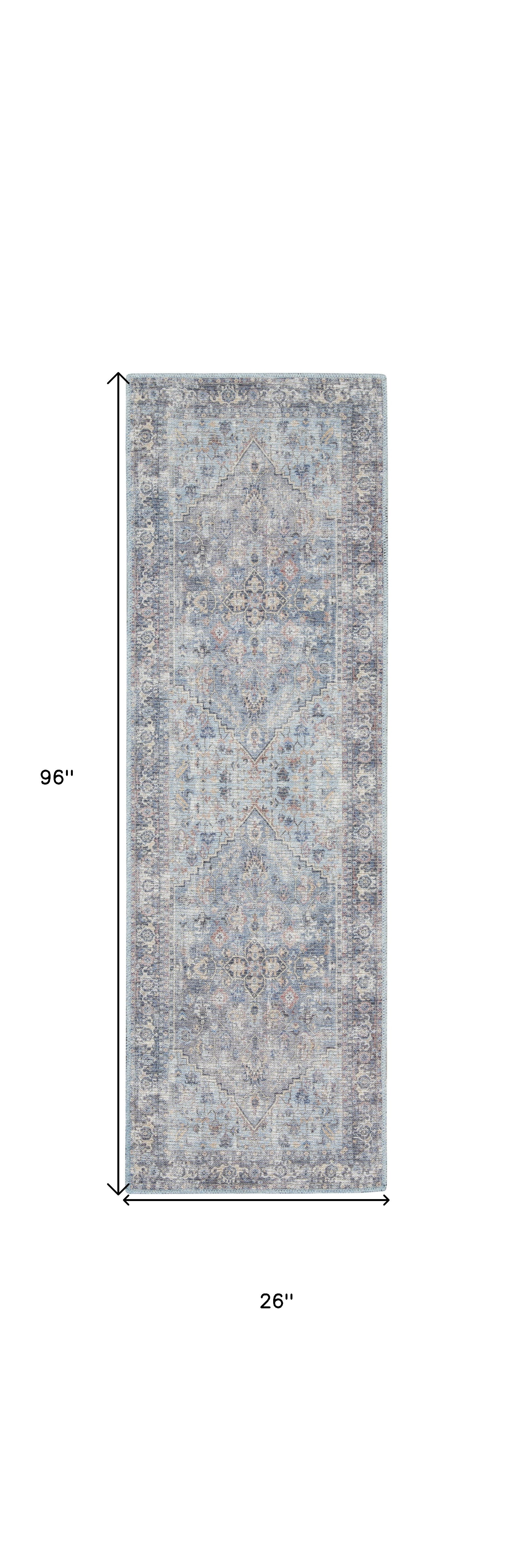 8' Gray Floral Power Loom Distressed Washable Runner Rug