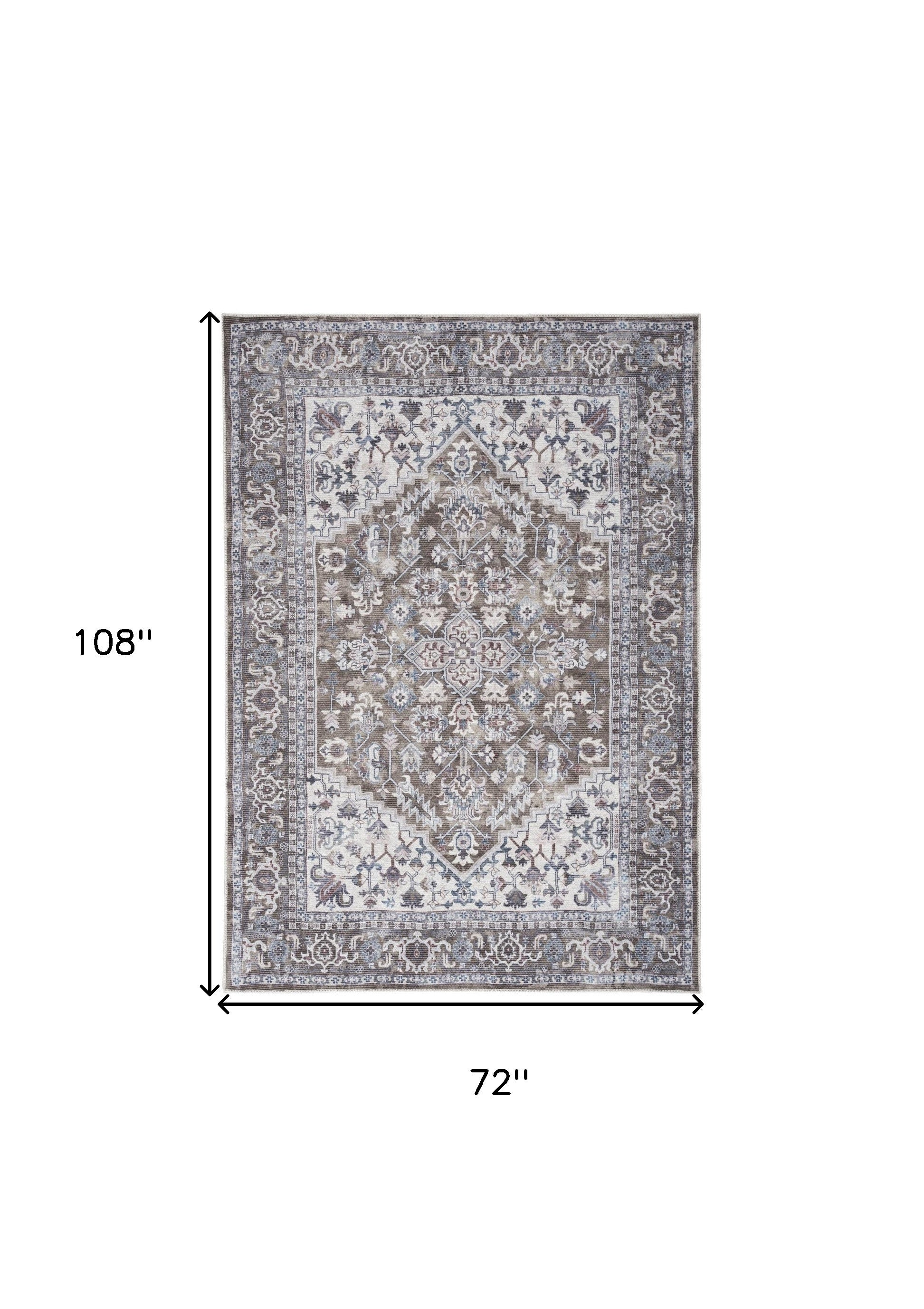 6' x 9' Gray Ivory and Blue Floral Distressed Washable Area Rug