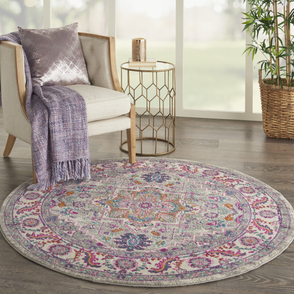 5' Gray Round Floral Power Loom Area Rug