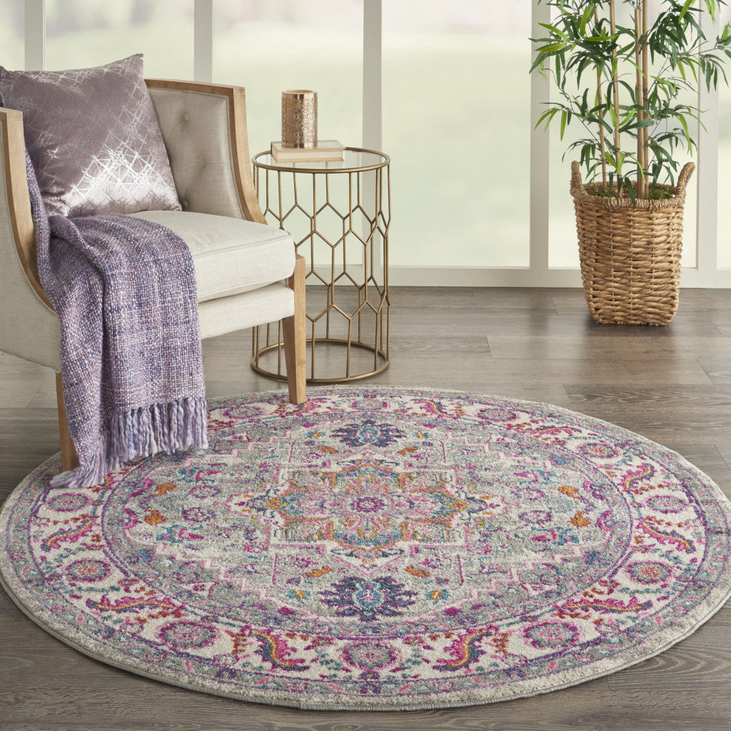 5' Gray Round Floral Power Loom Area Rug