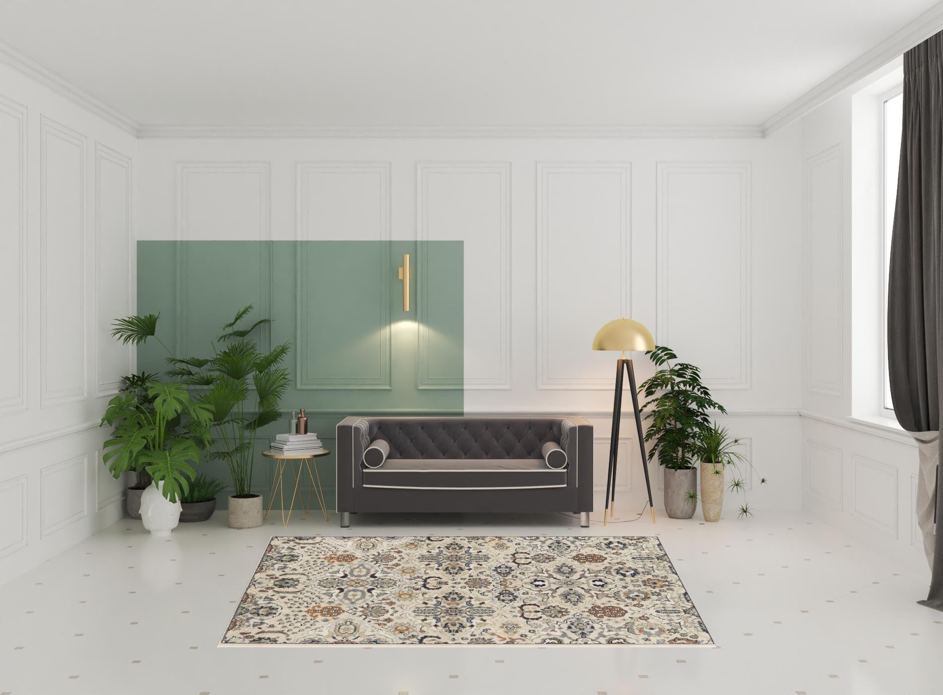 6' x 9' Green and Ivory Floral Power Loom Area Rug