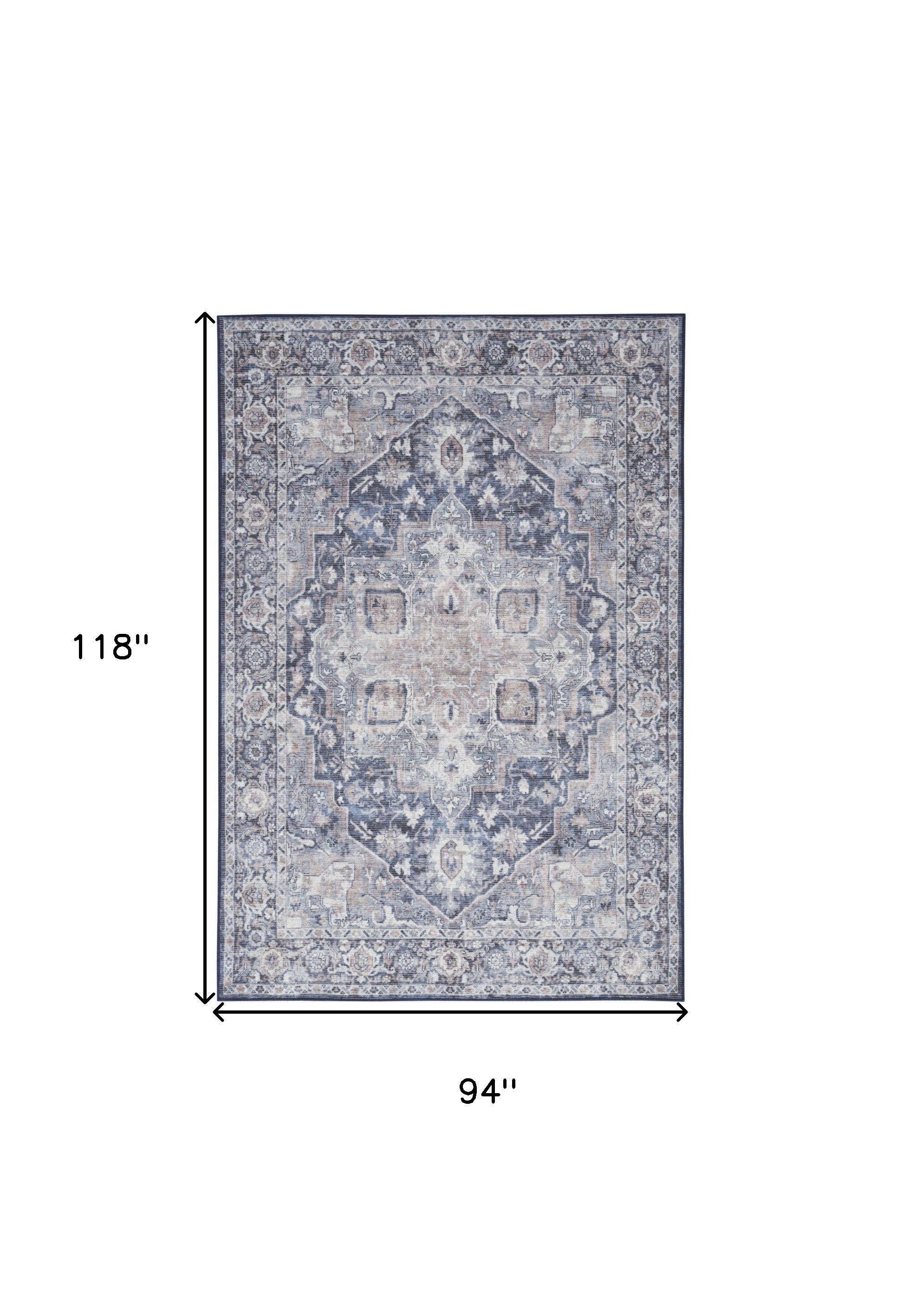 8' X 10' Blue And Pink Floral Power Loom Distressed Washable Area Rug