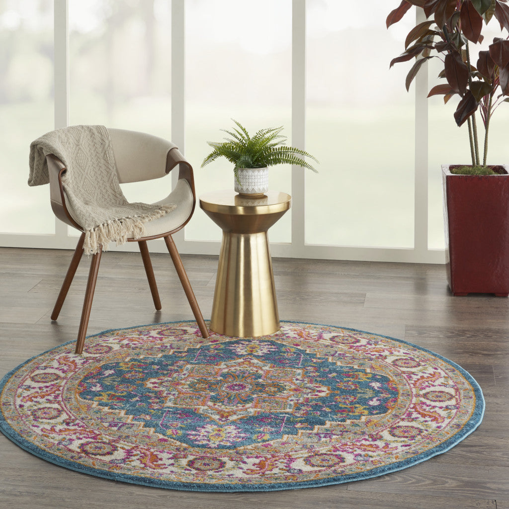 5' Gray Round Floral Power Loom Area Rug