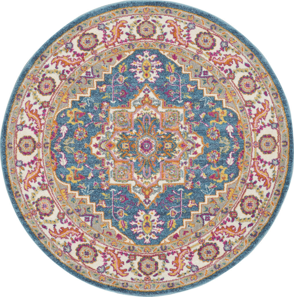 5' Gray Round Floral Power Loom Area Rug