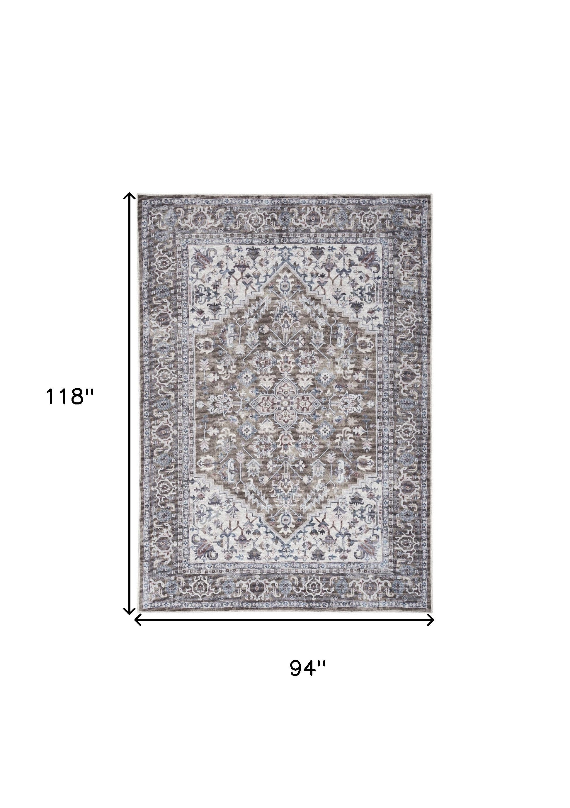 8' x 10' Gray Ivory and Blue Floral Distressed Washable Area Rug